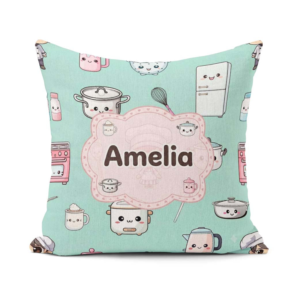 Custom Name Kawaii Chef Girl Mint Utensils Seamless Pattern Name Square Filled Cushion Throw Pillow Sofa Bed Home Decor Zip Washable UK Made