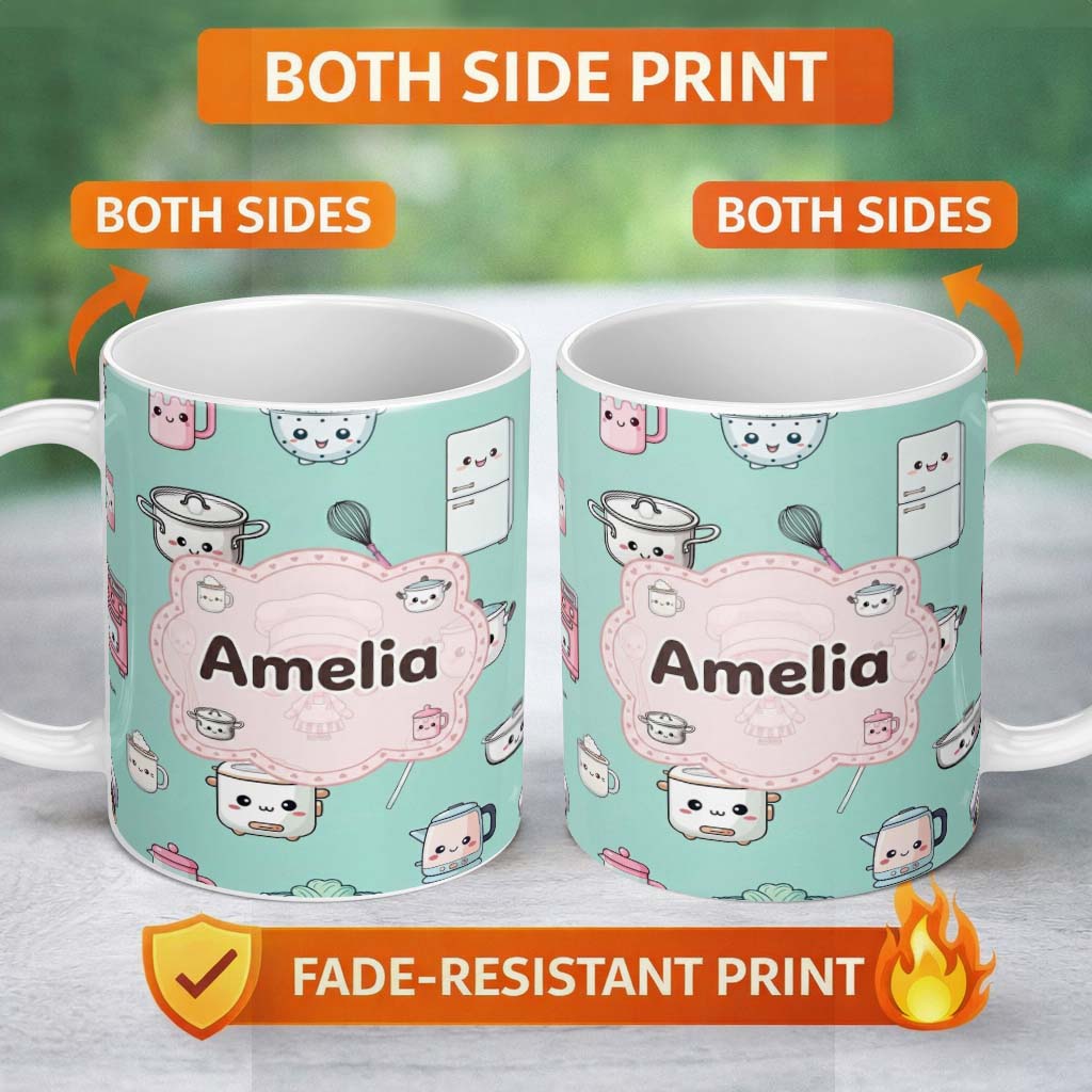 Personalized Custom Name Cute Kawaii Chef Girl Mint Kitchen Utensils Seamless Pattern Name 11oz Ceramic Coffee Tea Mug White Large Handle