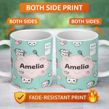 Personalized Custom Name Cute Kawaii Chef Girl Mint Kitchen Utensils Seamless Pattern Name 11oz Ceramic Coffee Tea Mug White Large Handle