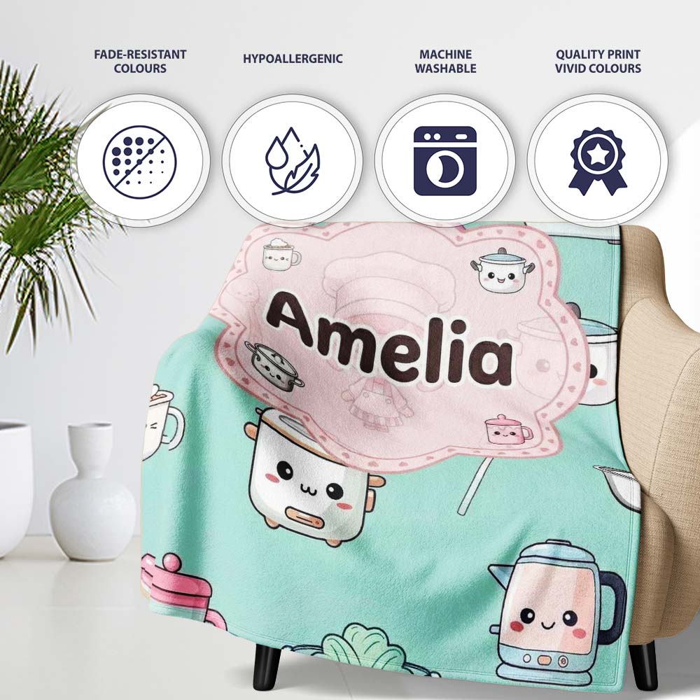 Cute Kawaii Chef Girl Mint  Utensils Seamless Pattern Name  Personalised Custom Name Super Soft Fleece Blanket Bed Sofa Throw