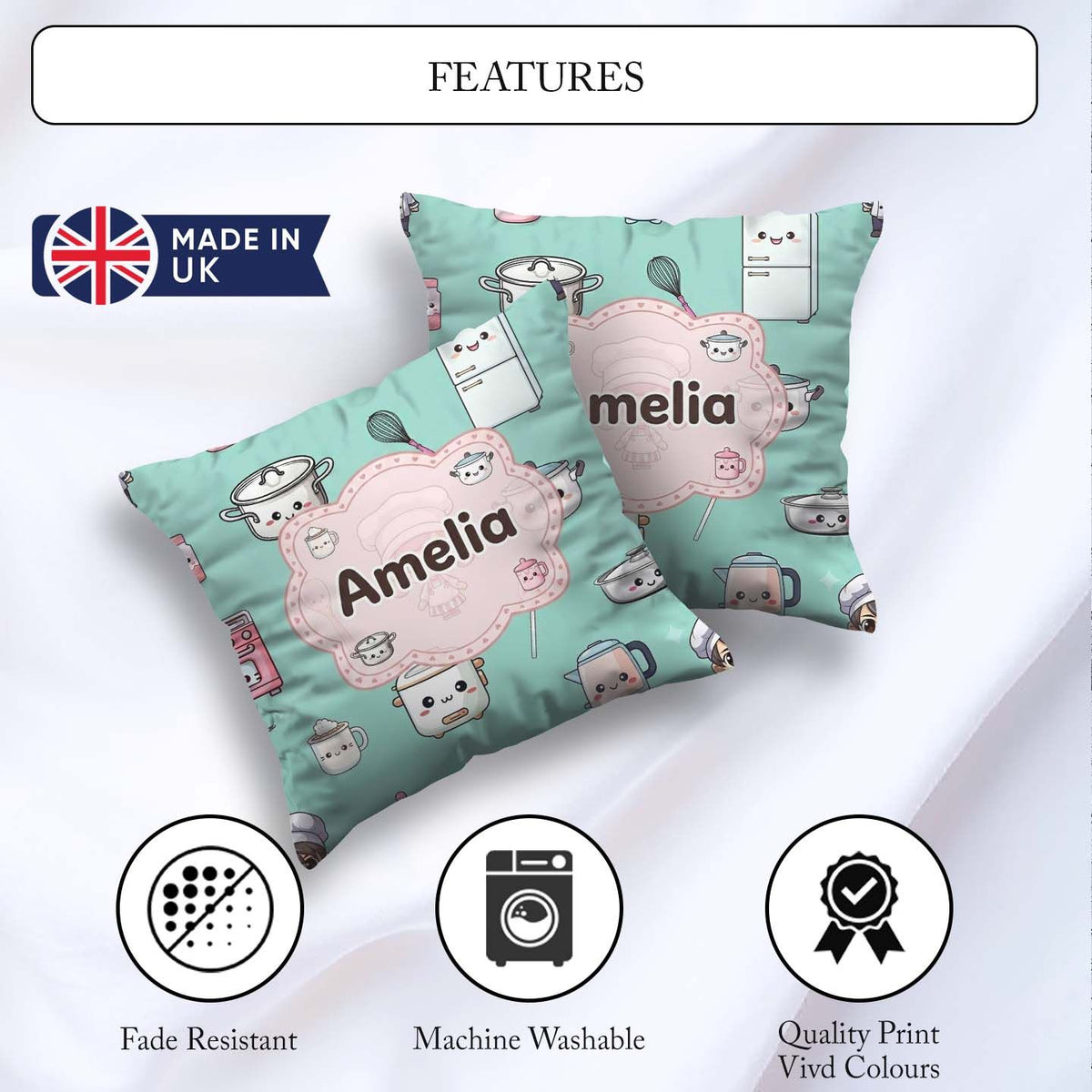 Custom Name Kawaii Chef Girl Mint Utensils Seamless Pattern Name Square Filled Cushion Throw Pillow Sofa Bed Home Decor Zip Washable UK Made