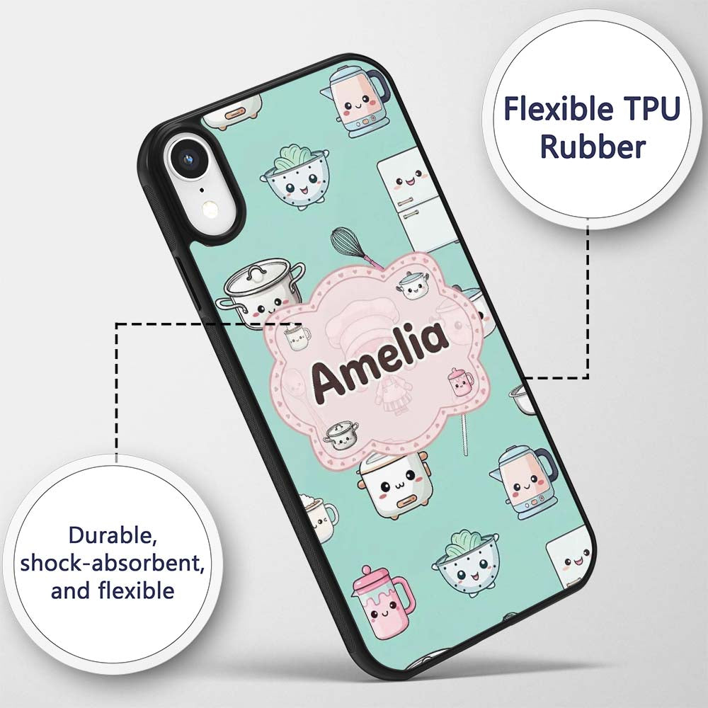 Cute Kawaii Chef Girl Mint Utensils Seamless Custom Name Protective Phone Case Mobile Cover Durable Everyday Smartphone Shock Resistant