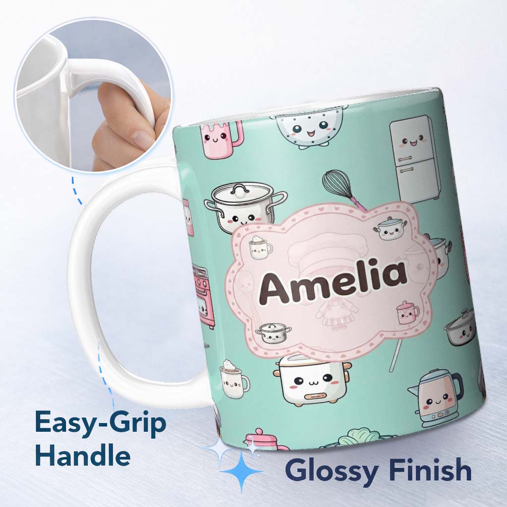 Personalized Custom Name Cute Kawaii Chef Girl Mint Kitchen Utensils Seamless Pattern Name 11oz Ceramic Coffee Tea Mug White Large Handle