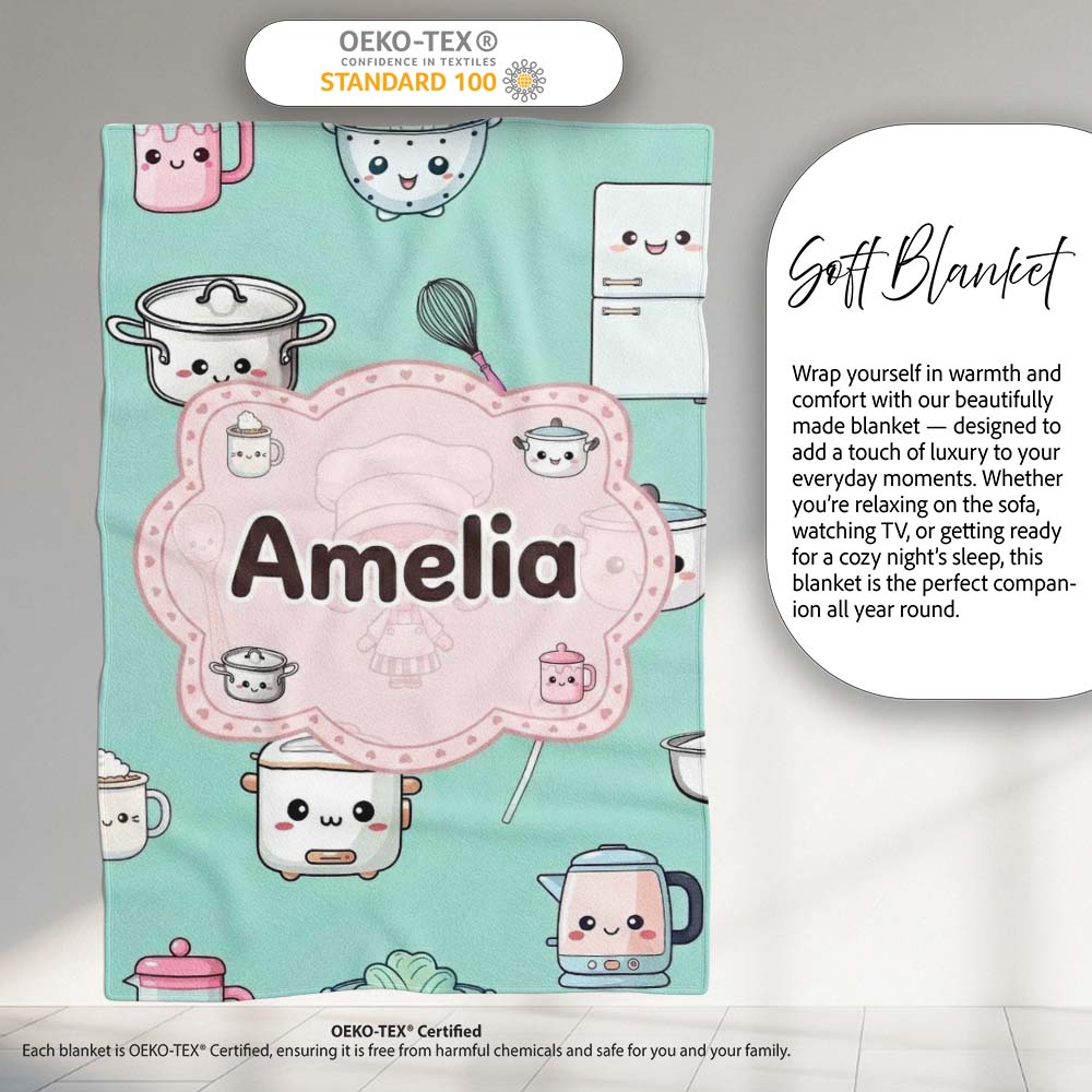Cute Kawaii Chef Girl Mint  Utensils Seamless Pattern Name  Personalised Custom Name Super Soft Fleece Blanket Bed Sofa Throw