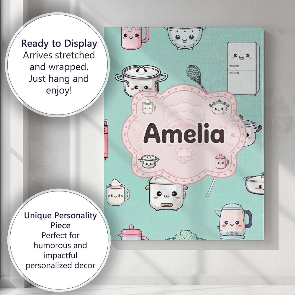 Personalised Name Cute Kawaii Chef Girl Custom  Modern Room Accent Elegant Feature Canvas Wall Art Print Decor Picture Ready to Hang