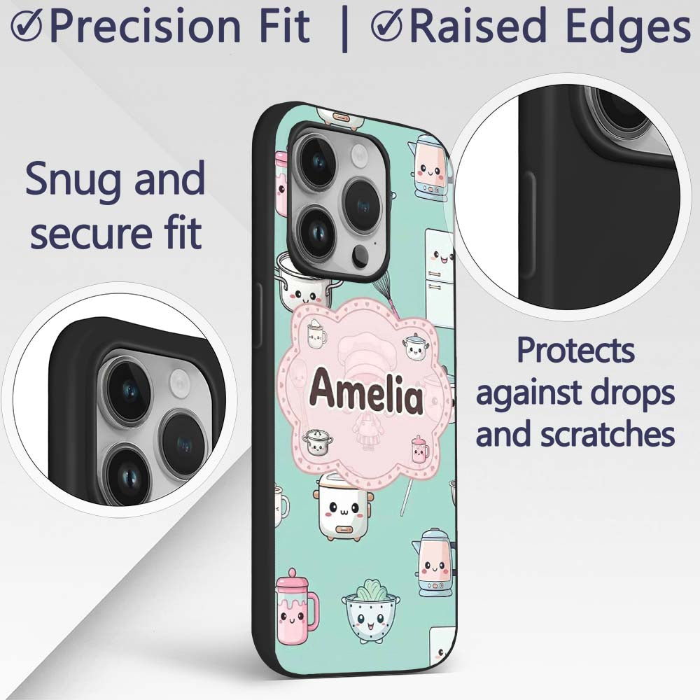 Cute Kawaii Chef Girl Mint Utensils Seamless Custom Name Protective Phone Case Mobile Cover Durable Everyday Smartphone Shock Resistant