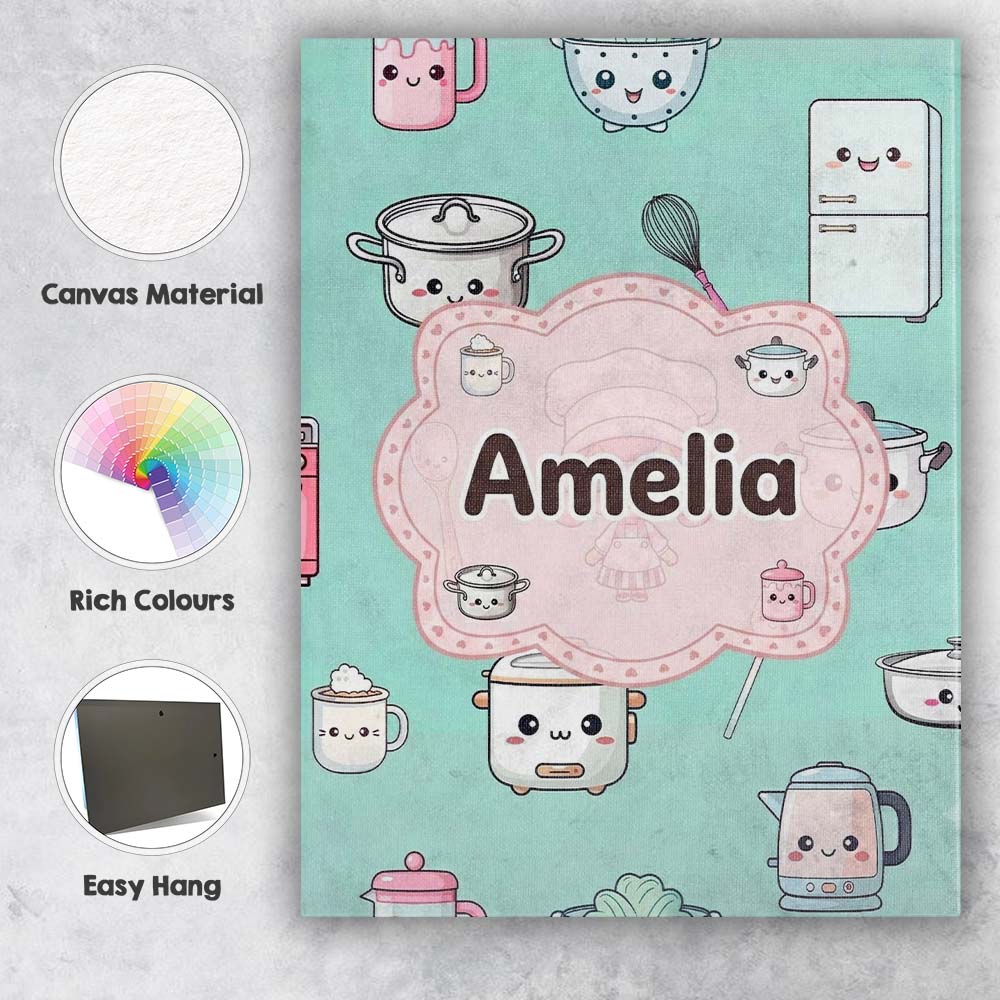 Personalised Name Cute Kawaii Chef Girl Custom  Modern Room Accent Elegant Feature Canvas Wall Art Print Decor Picture Ready to Hang