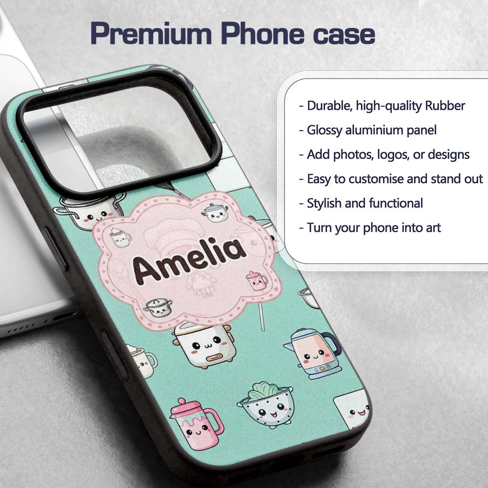 Cute Kawaii Chef Girl Mint Utensils Seamless Custom Name Protective Phone Case Mobile Cover Durable Everyday Smartphone Shock Resistant