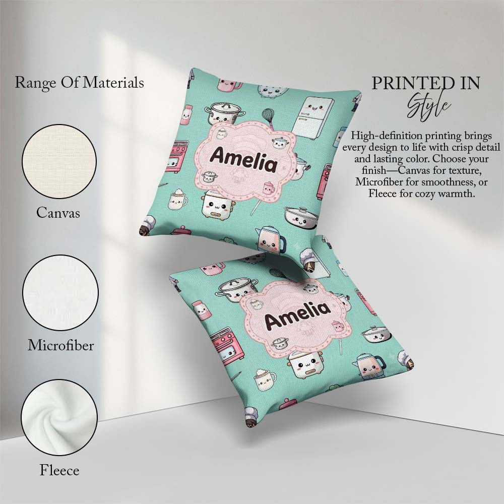Custom Name Kawaii Chef Girl Mint Utensils Seamless Pattern Name Square Filled Cushion Throw Pillow Sofa Bed Home Decor Zip Washable UK Made