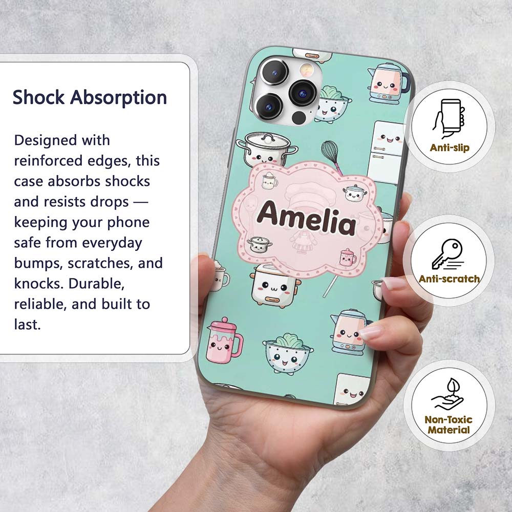 Cute Kawaii Chef Girl Mint Utensils Seamless Custom Name Protective Phone Case Mobile Cover Durable Everyday Smartphone Shock Resistant