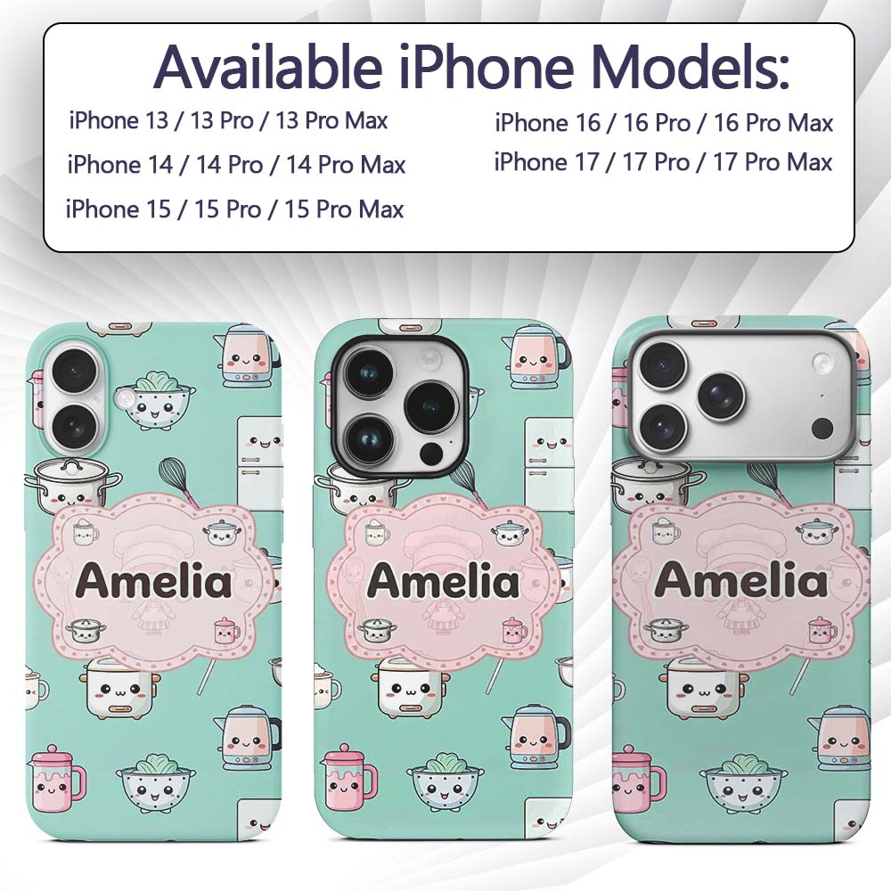 Cute Kawaii Chef Girl Mint Utensils Seamless Custom Name Protective Phone Case Mobile Cover Durable Everyday Smartphone Shock Resistant