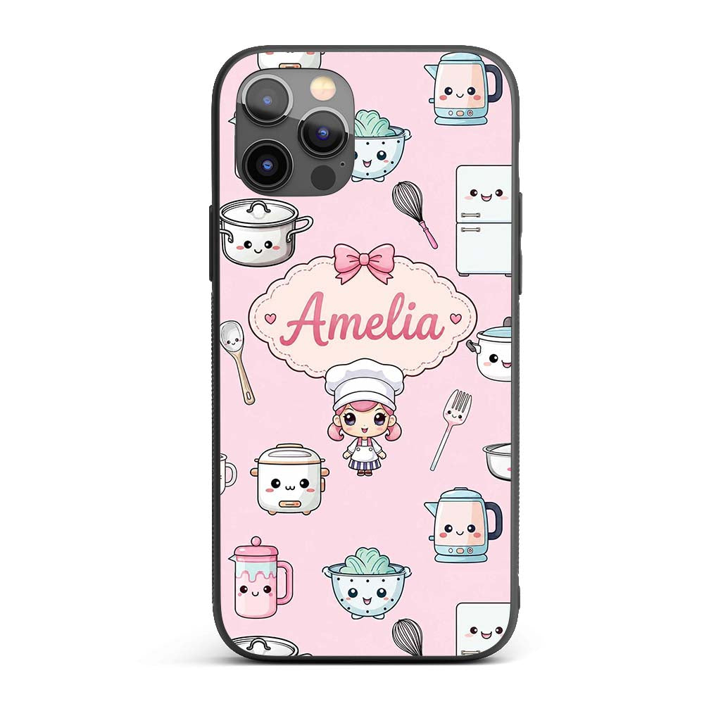 Cute Kawaii Chef Girl Pink Utensils Seamless Custom Name Protective Phone Case Mobile Cover Durable Everyday Smartphone Shock Resistant