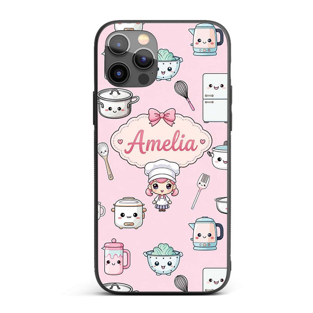 Cute Kawaii Chef Girl Pink Utensils Seamless Custom Name Protective Phone Case Mobile Cover Durable Everyday Smartphone Shock Resistant