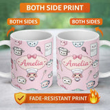 Personalized Custom Name Cute Kawaii Chef Girl Pink Kitchen Utensils Seamless Pattern Name 11oz Ceramic Coffee Tea Mug White Large Handle