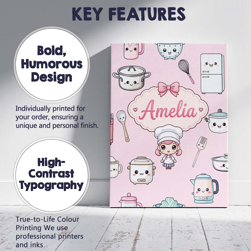 Personalised Name Cute Kawaii Chef Girl Custom  Modern Room Accent Elegant Feature Canvas Wall Art Print Decor Picture Ready to Hang