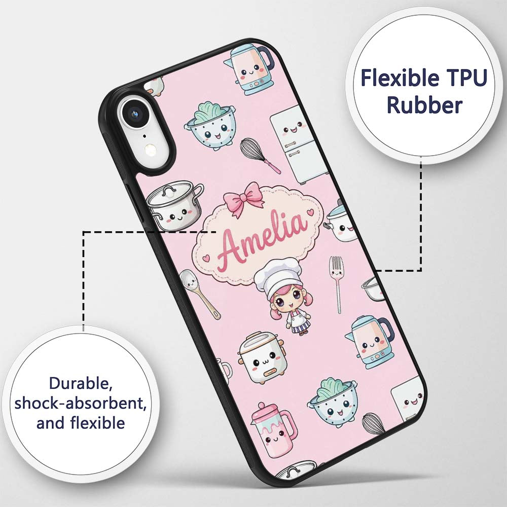 Cute Kawaii Chef Girl Pink Utensils Seamless Custom Name Protective Phone Case Mobile Cover Durable Everyday Smartphone Shock Resistant