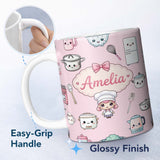 Personalized Custom Name Cute Kawaii Chef Girl Pink Kitchen Utensils Seamless Pattern Name 11oz Ceramic Coffee Tea Mug White Large Handle