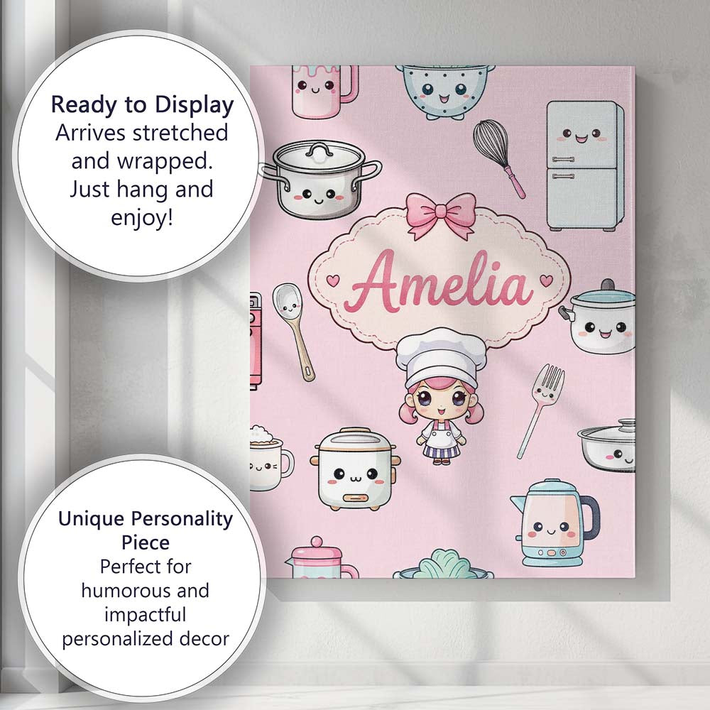 Personalised Name Cute Kawaii Chef Girl Custom  Modern Room Accent Elegant Feature Canvas Wall Art Print Decor Picture Ready to Hang
