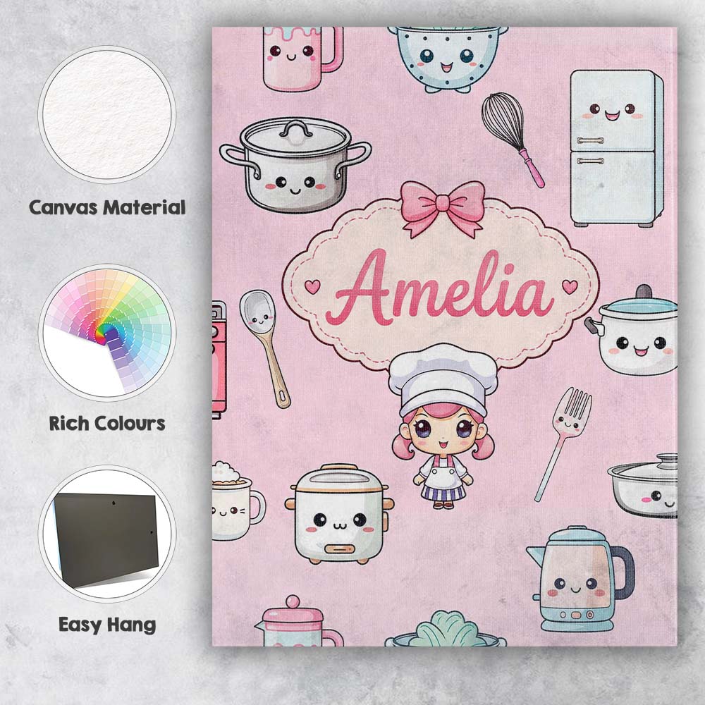 Personalised Name Cute Kawaii Chef Girl Custom  Modern Room Accent Elegant Feature Canvas Wall Art Print Decor Picture Ready to Hang