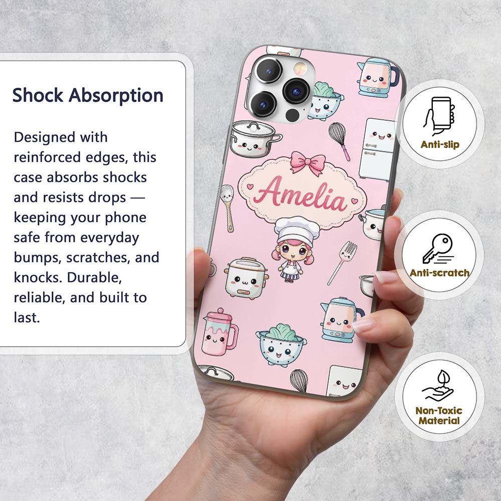 Cute Kawaii Chef Girl Pink Utensils Seamless Custom Name Protective Phone Case Mobile Cover Durable Everyday Smartphone Shock Resistant