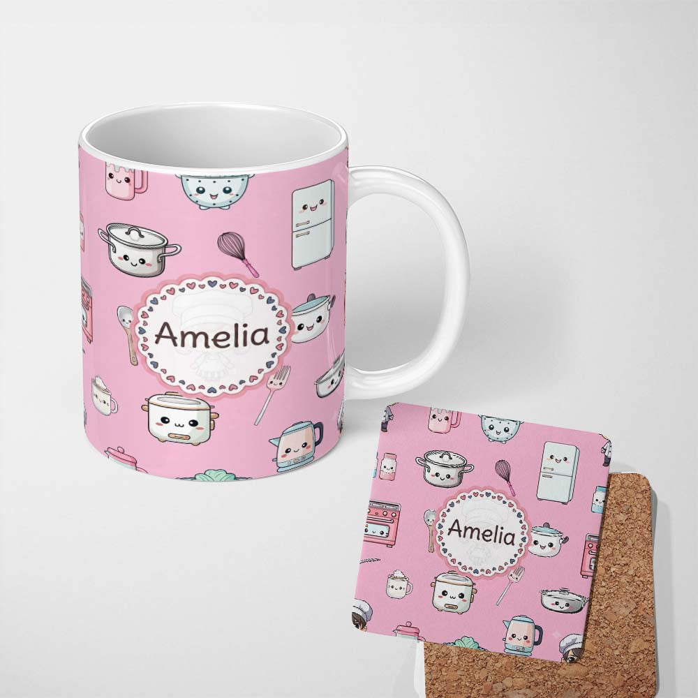 Personalized Custom Name Cute Kawaii Chef Girl Soft Pink Kitchen Utensils Seamless Pattern 11oz Ceramic Coffee Tea Mug White Large Handle