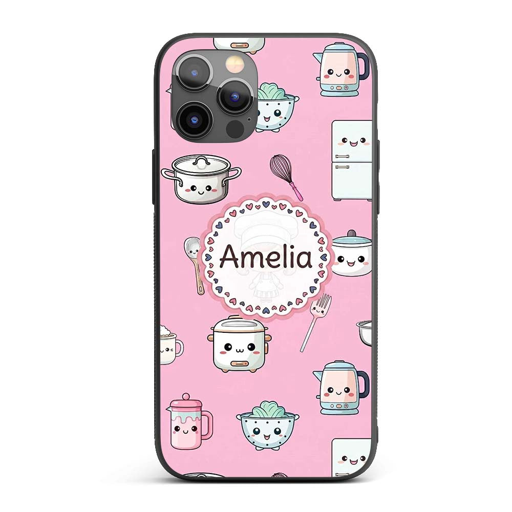 Cute Kawaii Chef Girl Soft Pink Utensils Seamless Custom Name Protective Phone Case Mobile Cover Durable Everyday Smartphone Shock Resistant