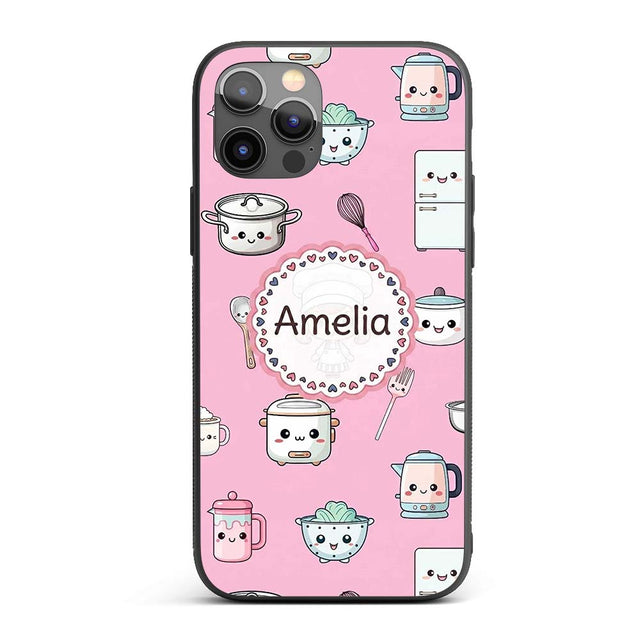 Cute Kawaii Chef Girl Soft Pink Utensils Seamless Custom Name Protective Phone Case Mobile Cover Durable Everyday Smartphone Shock Resistant