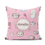 Custom Name Kawaii Chef Girl Soft Pink Utensils Seamless Pattern Square Filled Cushion Throw Pillow Sofa Bed Home Decor Zip Washable UK Made