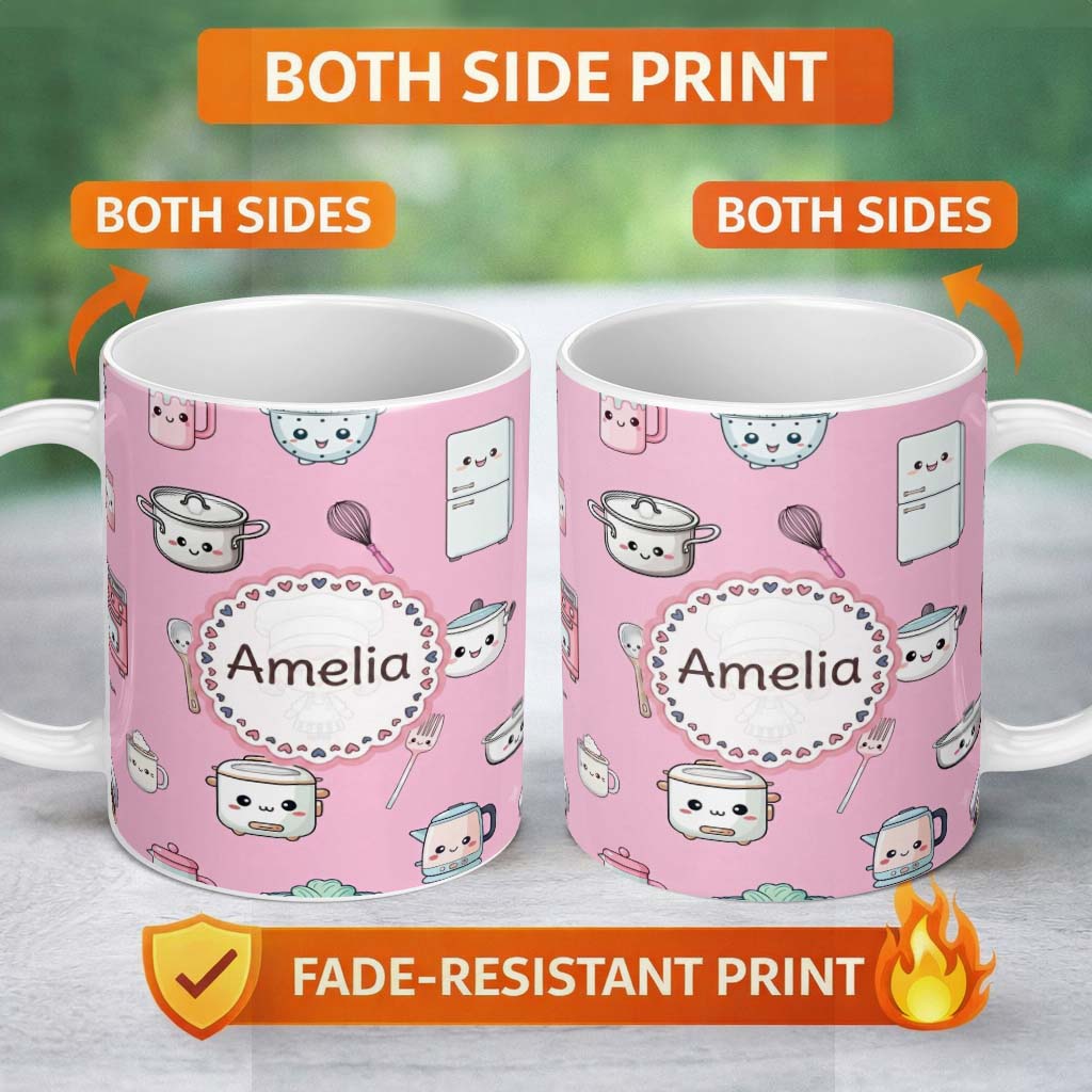 Personalized Custom Name Cute Kawaii Chef Girl Soft Pink Kitchen Utensils Seamless Pattern 11oz Ceramic Coffee Tea Mug White Large Handle