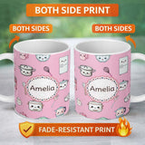 Personalized Custom Name Cute Kawaii Chef Girl Soft Pink Kitchen Utensils Seamless Pattern 11oz Ceramic Coffee Tea Mug White Large Handle