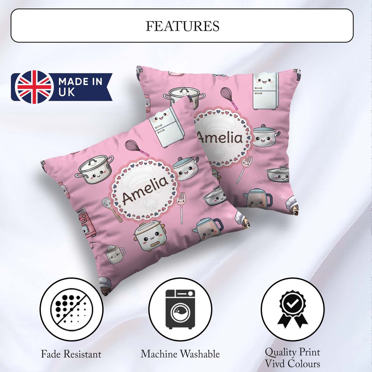 Custom Name Kawaii Chef Girl Soft Pink Utensils Seamless Pattern Square Filled Cushion Throw Pillow Sofa Bed Home Decor Zip Washable UK Made