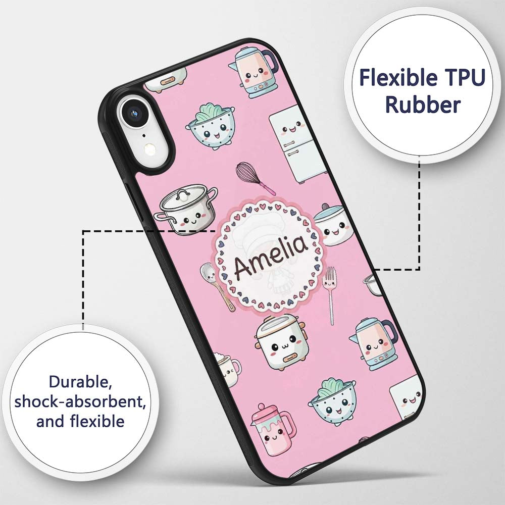 Cute Kawaii Chef Girl Soft Pink Utensils Seamless Custom Name Protective Phone Case Mobile Cover Durable Everyday Smartphone Shock Resistant