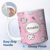 Personalized Custom Name Cute Kawaii Chef Girl Soft Pink Kitchen Utensils Seamless Pattern 11oz Ceramic Coffee Tea Mug White Large Handle