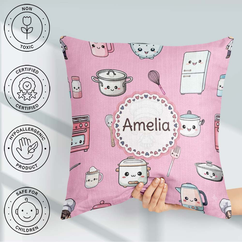 Custom Name Kawaii Chef Girl Soft Pink Utensils Seamless Pattern Square Filled Cushion Throw Pillow Sofa Bed Home Decor Zip Washable UK Made