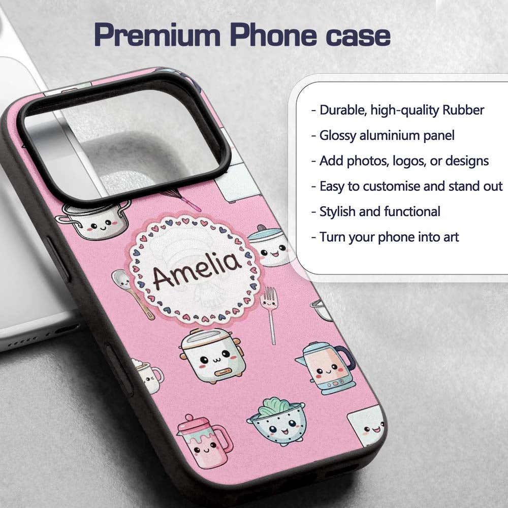 Cute Kawaii Chef Girl Soft Pink Utensils Seamless Custom Name Protective Phone Case Mobile Cover Durable Everyday Smartphone Shock Resistant