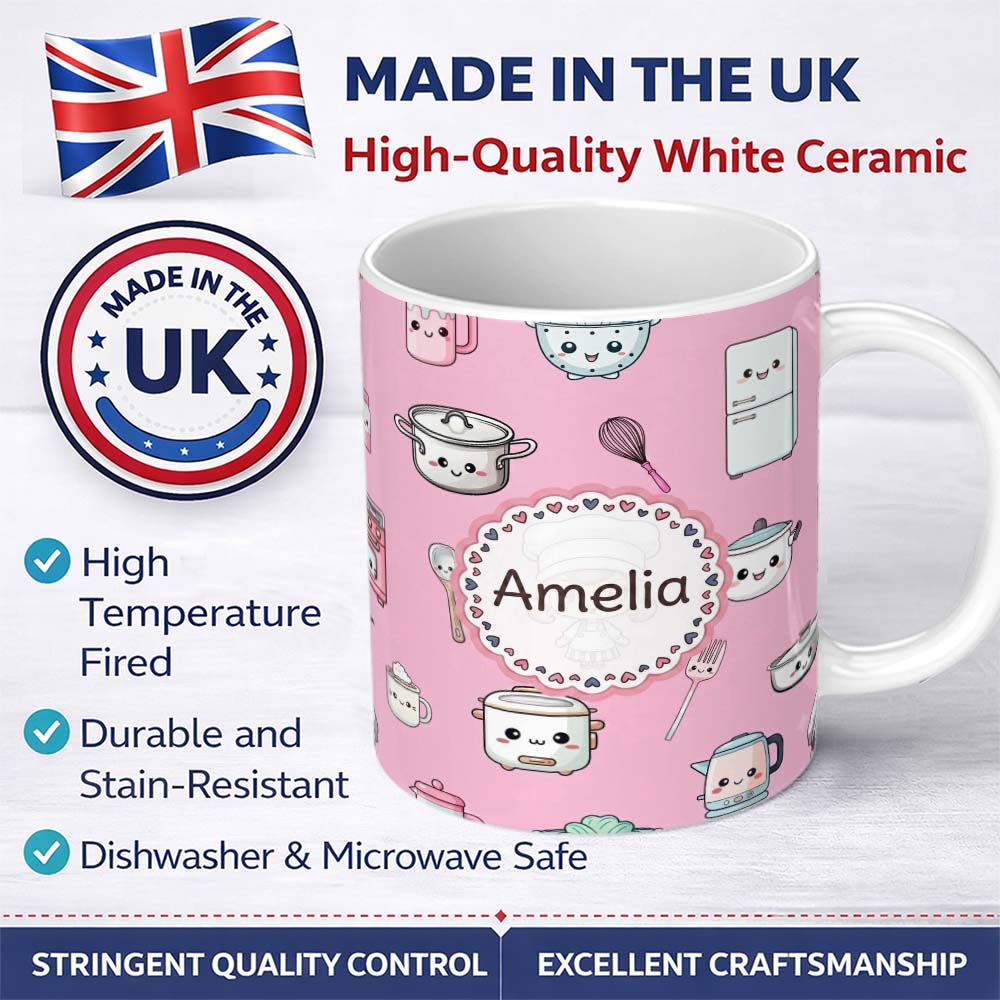 Personalized Custom Name Cute Kawaii Chef Girl Soft Pink Kitchen Utensils Seamless Pattern 11oz Ceramic Coffee Tea Mug White Large Handle