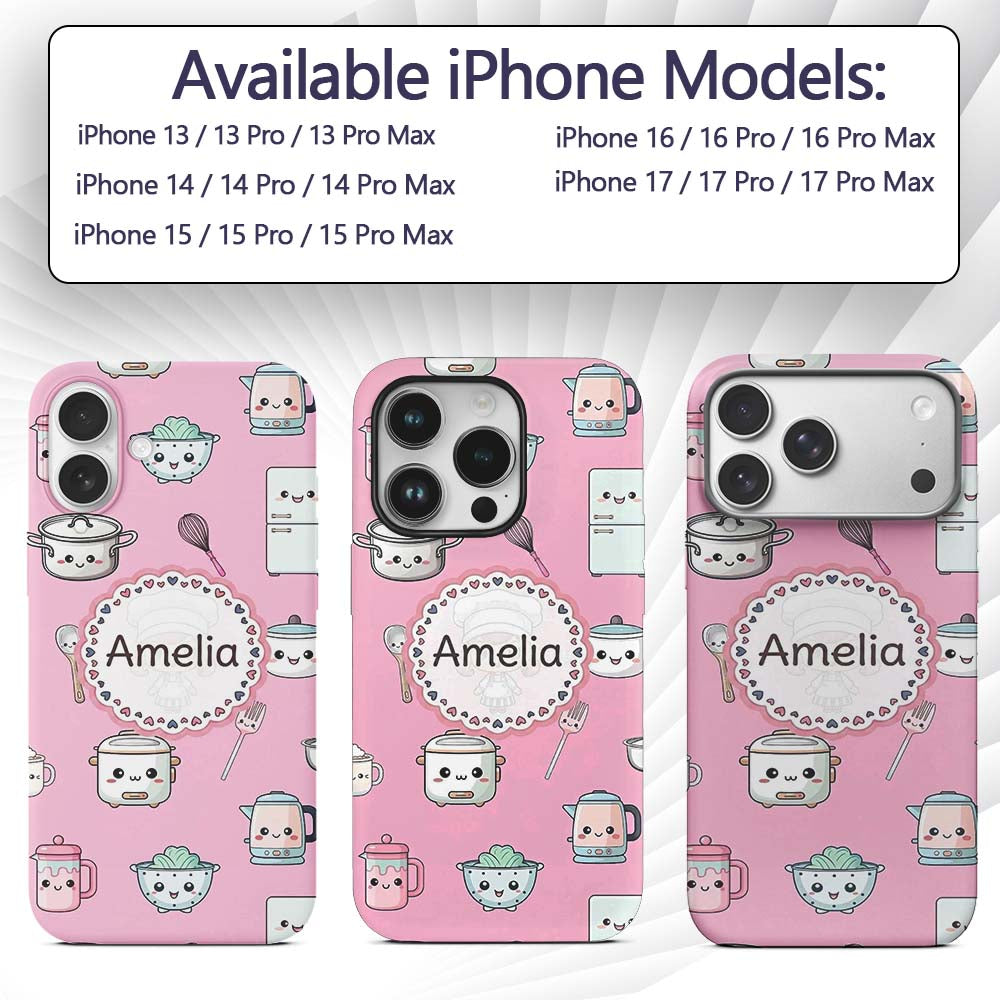 Cute Kawaii Chef Girl Soft Pink Utensils Seamless Custom Name Protective Phone Case Mobile Cover Durable Everyday Smartphone Shock Resistant