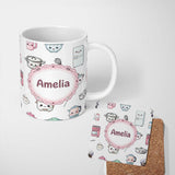 Personalized Custom Name Cute Kawaii Chef Girl Kitchen Utensils Grey Background Seamless 11oz Ceramic Coffee Tea Mug White Large Handle