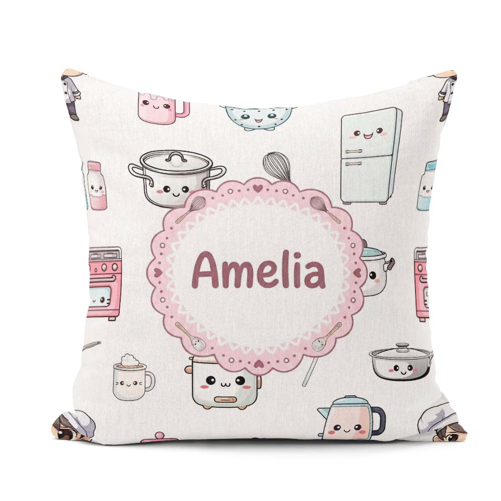 Custom Name Kawaii Chef Girl Utensils Grey Background Seamless Square Filled Cushion Throw Pillow Sofa Bed Home Decor Zip Washable UK Made