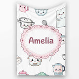 Cute Kawaii Chef Girl  Utensils Grey Background Seamless  Personalised Custom Name Super Soft Fleece Blanket Bed Sofa Throw