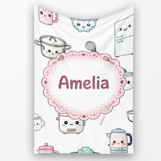 Cute Kawaii Chef Girl  Utensils Grey Background Seamless  Personalised Custom Name Super Soft Fleece Blanket Bed Sofa Throw