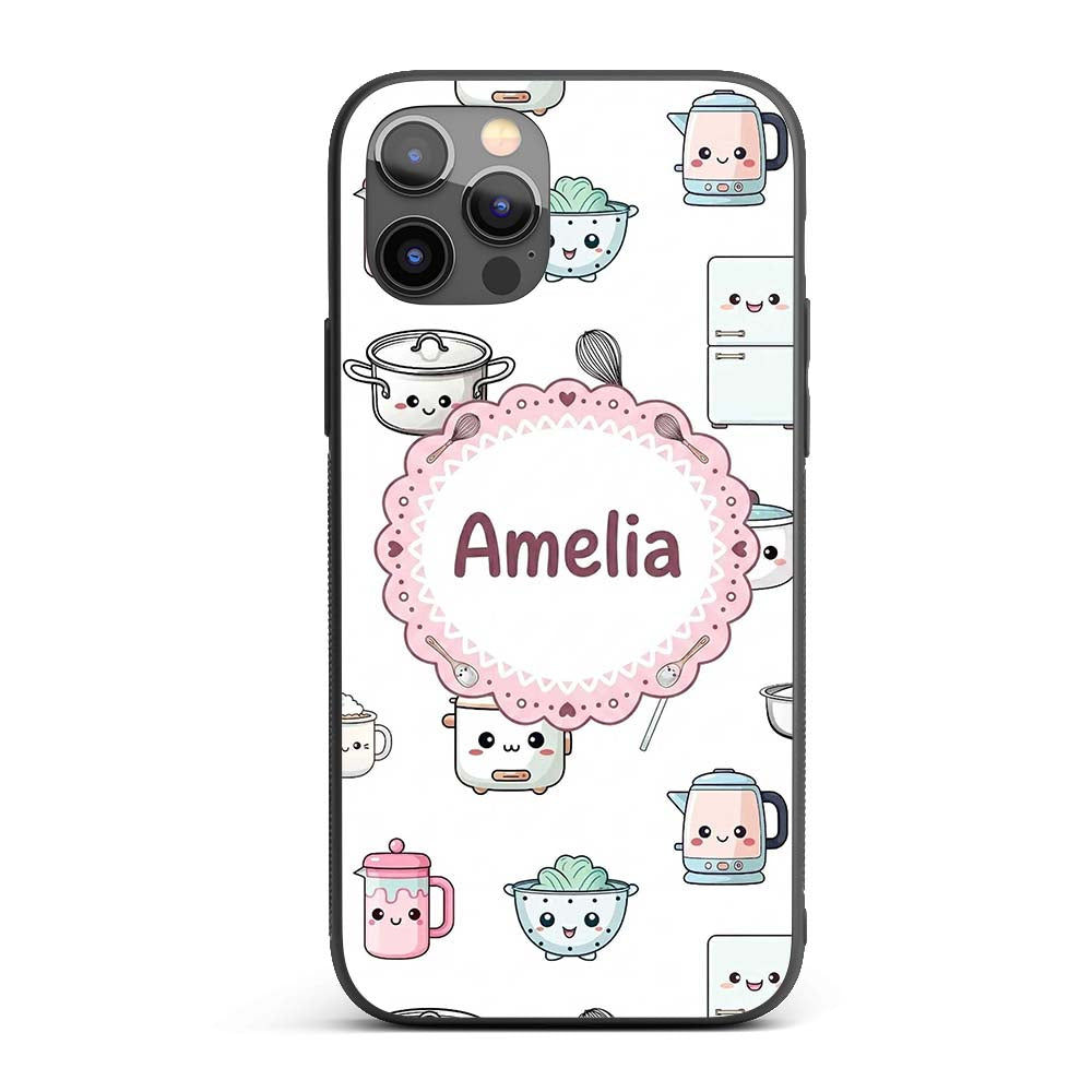 Cute Kawaii Chef Girl Utensils Grey Background Custom Name Protective Phone Case Mobile Cover Durable Everyday Smartphone Shock Resistant