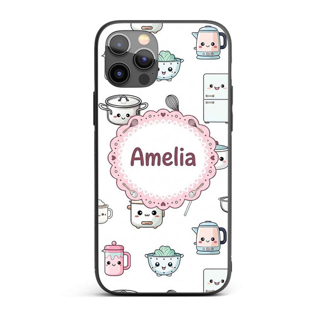 Cute Kawaii Chef Girl Utensils Grey Background Custom Name Protective Phone Case Mobile Cover Durable Everyday Smartphone Shock Resistant
