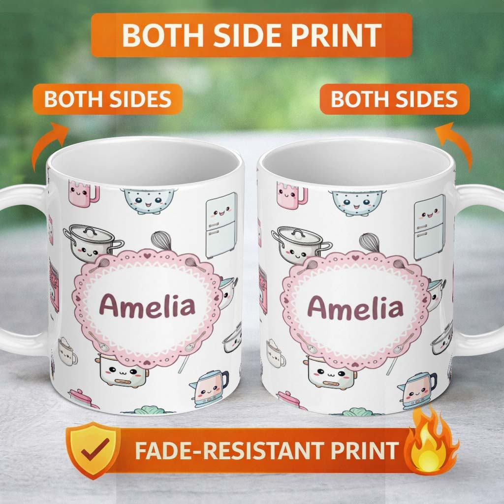 Personalized Custom Name Cute Kawaii Chef Girl Kitchen Utensils Grey Background Seamless 11oz Ceramic Coffee Tea Mug White Large Handle