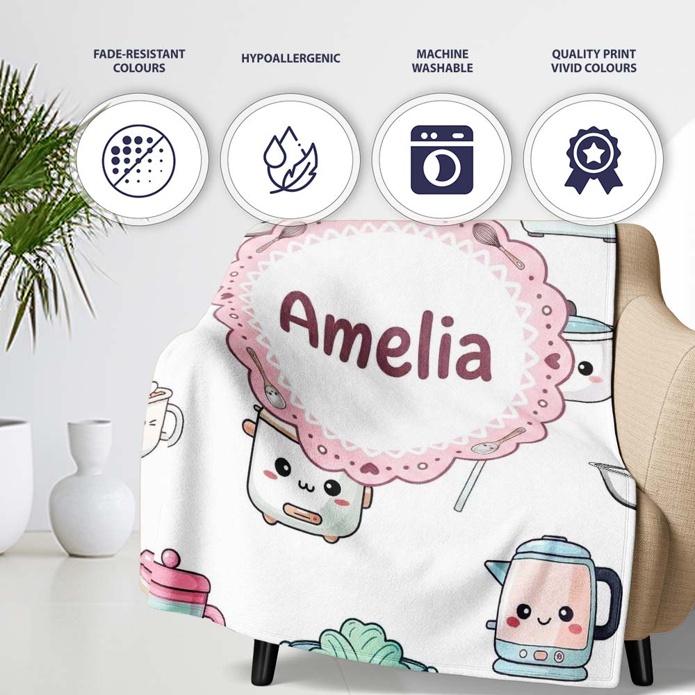 Cute Kawaii Chef Girl  Utensils Grey Background Seamless  Personalised Custom Name Super Soft Fleece Blanket Bed Sofa Throw