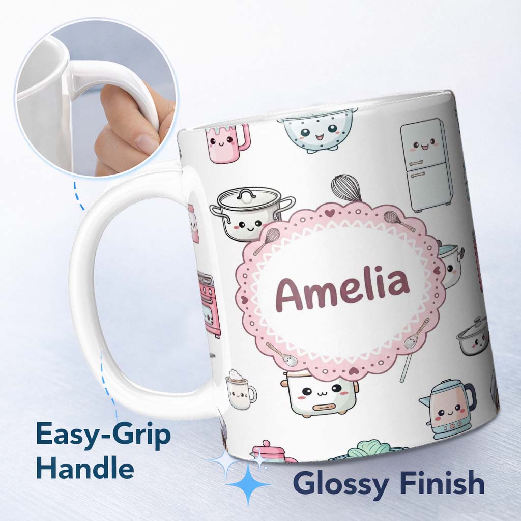 Personalized Custom Name Cute Kawaii Chef Girl Kitchen Utensils Grey Background Seamless 11oz Ceramic Coffee Tea Mug White Large Handle