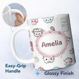 Personalized Custom Name Cute Kawaii Chef Girl Kitchen Utensils Grey Background Seamless 11oz Ceramic Coffee Tea Mug White Large Handle