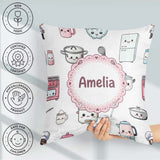 Custom Name Kawaii Chef Girl Utensils Grey Background Seamless Square Filled Cushion Throw Pillow Sofa Bed Home Decor Zip Washable UK Made