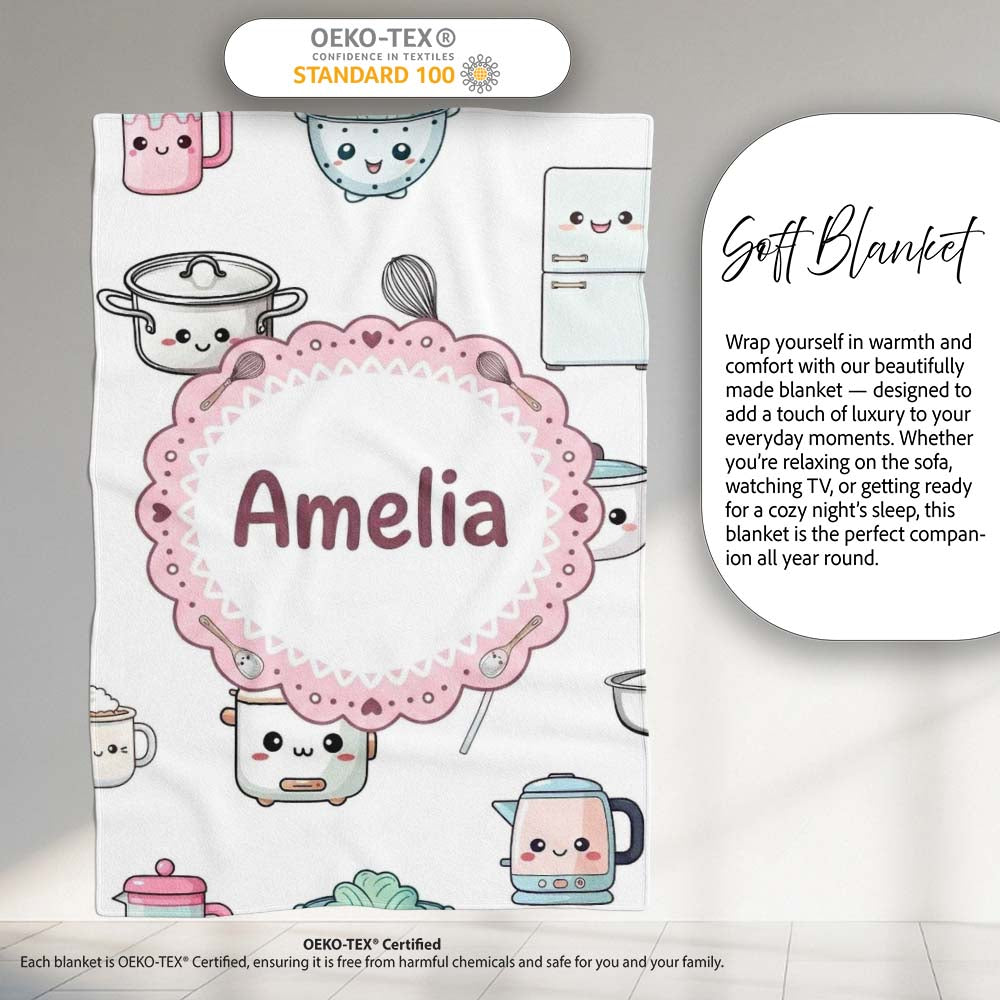 Cute Kawaii Chef Girl  Utensils Grey Background Seamless  Personalised Custom Name Super Soft Fleece Blanket Bed Sofa Throw