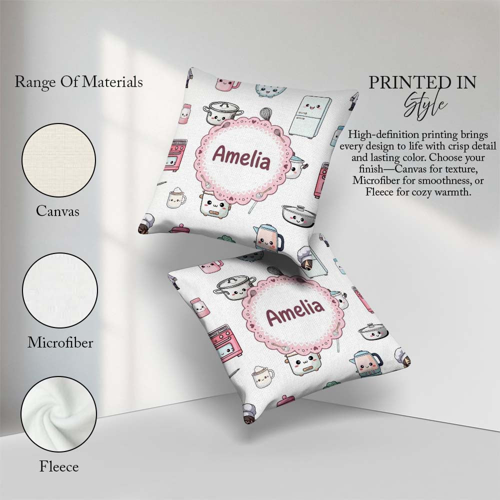 Custom Name Kawaii Chef Girl Utensils Grey Background Seamless Square Filled Cushion Throw Pillow Sofa Bed Home Decor Zip Washable UK Made
